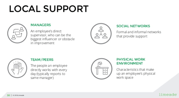 Local support includes managers, social networks, team/peers, and the physical work environment